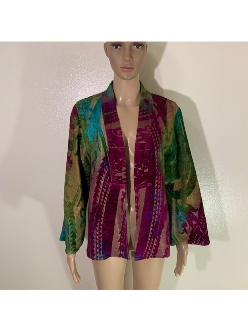 Zonda Nellis Velvety Purple Green Art-to-Wear Kimono Open Jacket Eskandar Size M